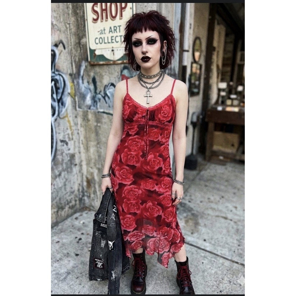 Vtg 90s Y2K Baby Doll Dress Red Black Mesh Whimsigoth Sz M Rose Handkerchief Hem